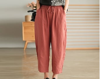 Pantaloni di cotone di lino da donna, pantaloni lunghi di lino, pantaloni a gamba larga, pantaloni harem, pantaloni morbidi e larghi, pantaloni personalizzati plus size autunno primavera F56