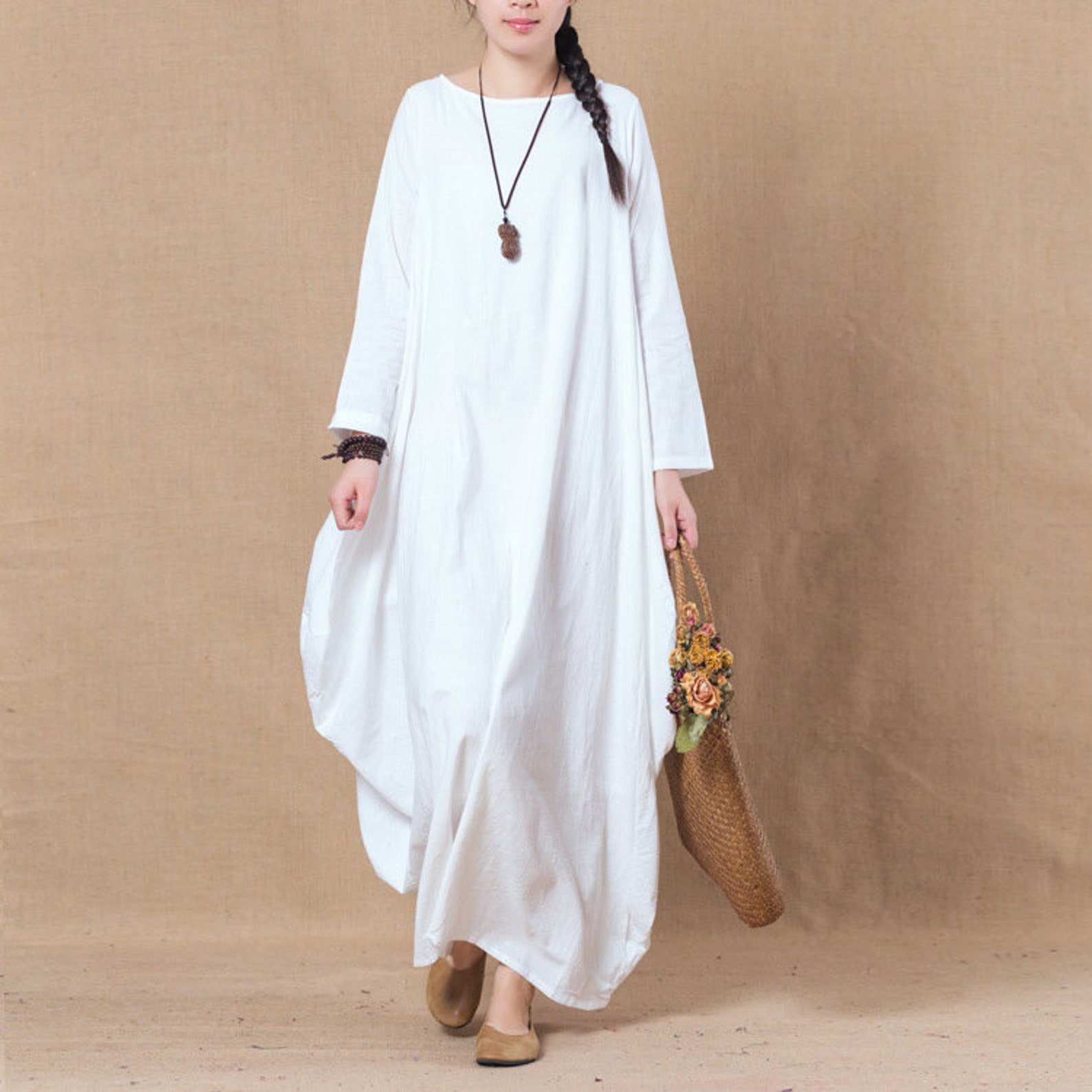 Women's Linen Cotton Dress Long Sleeves Dress Linen Loose Etsy