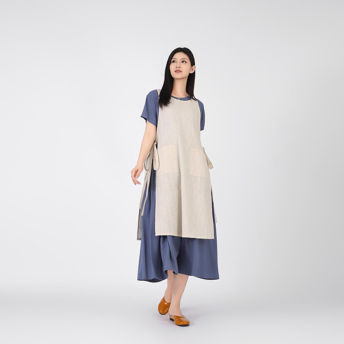 Women's Pure Linen Apron Side Tie Apron Dress With Pockets