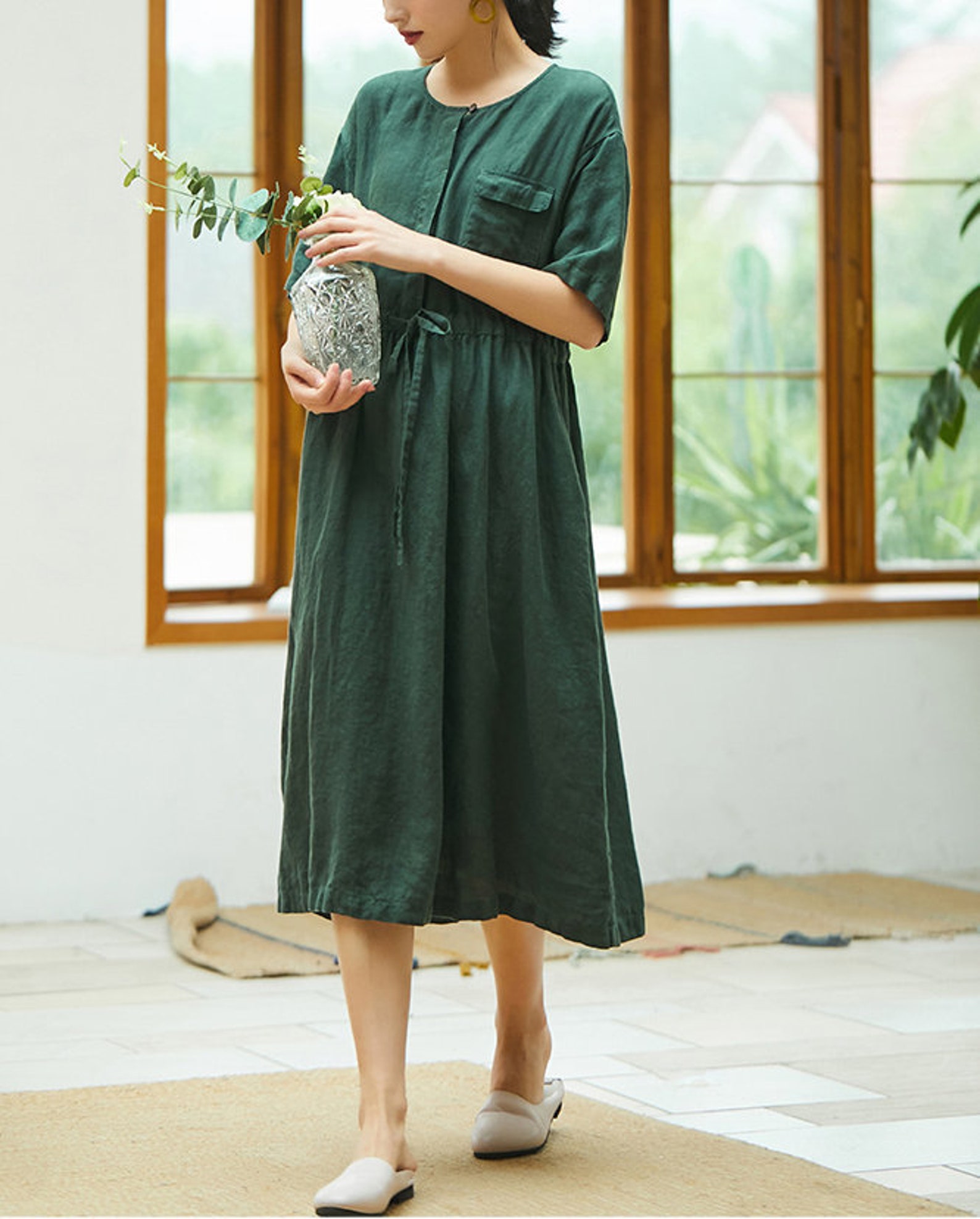 Linen Dresses for Women short sleeve pure Linen Midi dress Etsy