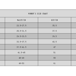 May include: A size chart for women's clothing with columns for tag size, waist in inches, hip in inches, and length in inches.