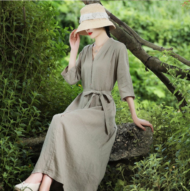 chinese dress ladies Amy linen Dress with short sleeves – LittleWomenAtelier main image 0