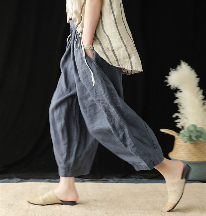 Linen pants for women cropped wide leg pants oversized harem pants soft loose trousers spring summer custom plus size linen clothing N58 image 2