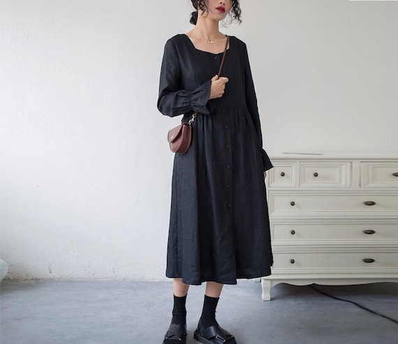 Women's Linen Dress, Long Sleeved Dress, Pure Linen Long Dress