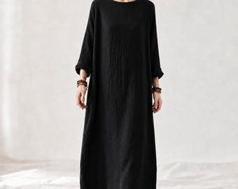 Thick Cotton Linen Maxi Dress: Loose Fit, Long Sleeves, A-line Robe Style Long Robe for Autumn and Winter Handmade Custom Clothing M09