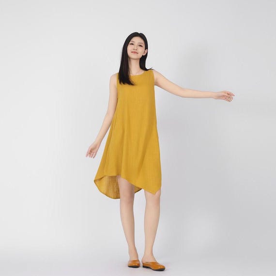 Women's linen cotton dress sleeveless dress linen loose dress linen madi dress summer irregular hem soft dress asymmetrical dress A66
