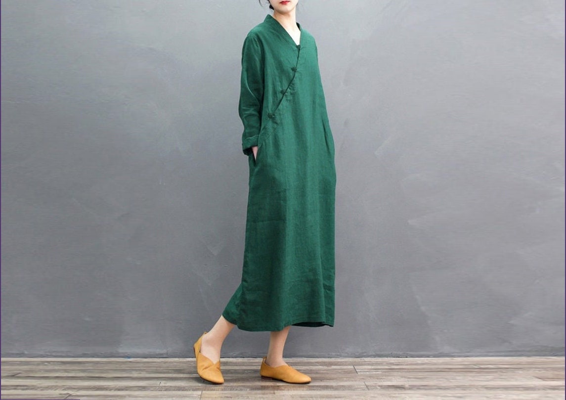 Linen dresses for women, maxi dress, long Sleeves dress, loose casual long dress, plus size dress, summer fall hand made custom dress N142