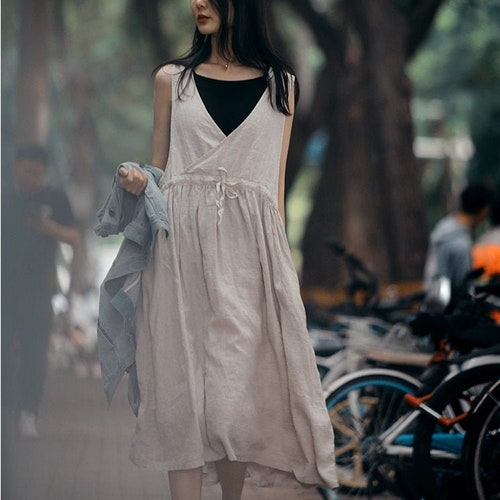 Linen Dress Sleeveless Linen Midi Loose Oversized Dress Casual Summer Dress Plus Size Clothing 100% Linen Customized Dress Vest Dress N41