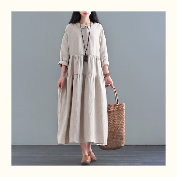 Cotton Linen Dresses for Women Long Sleeves Linen Dress Oversized