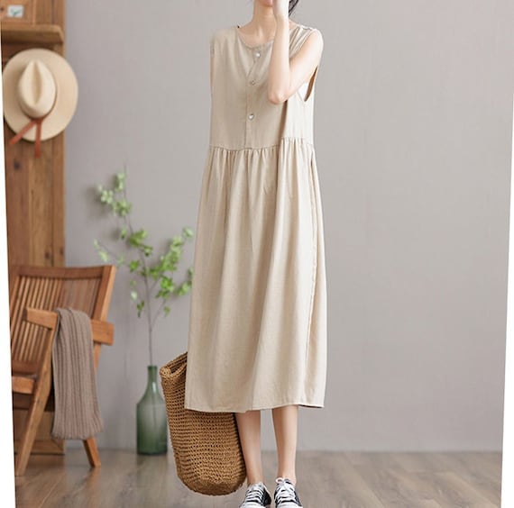 Women Linen cotton dress sleeveless dress linen loose dress linen madi dress oversized clothing plus size dress summer dress N262