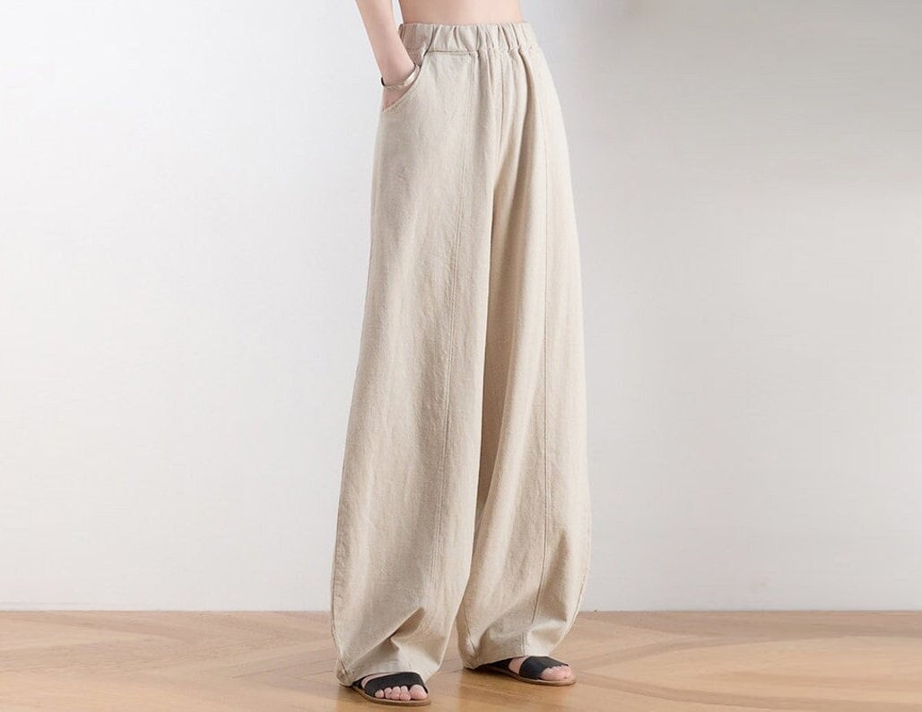 Summer Pant Women Elastic Waist Cotton Pants Soft Casual Loose Boho Trousers  Wide Leg Pant Customized Plus Size Pants Linen Spring Pant 