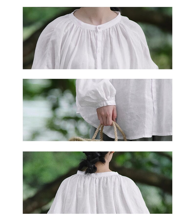 May include: A white linen blouse with a round neckline and long, gathered sleeves. The blouse has a button closure at the front.