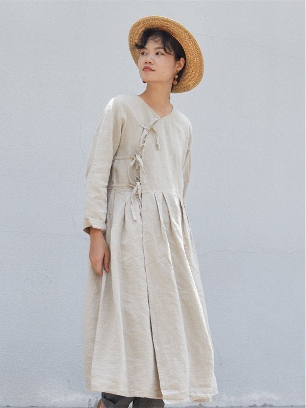 Women's linen dress, long sleeves dress, linen maxi dress, loose casual fall dress, oversized long dress, long robe, plus size dress N144