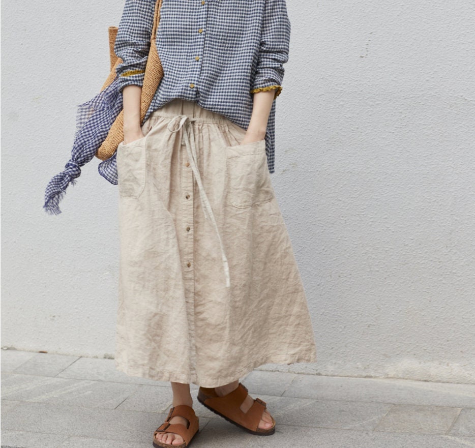 Women linen midi skirt, vintage skirt, linen long skirt, women skirt, plus size skirt, fall spring skirt, custom hand made skirt N225