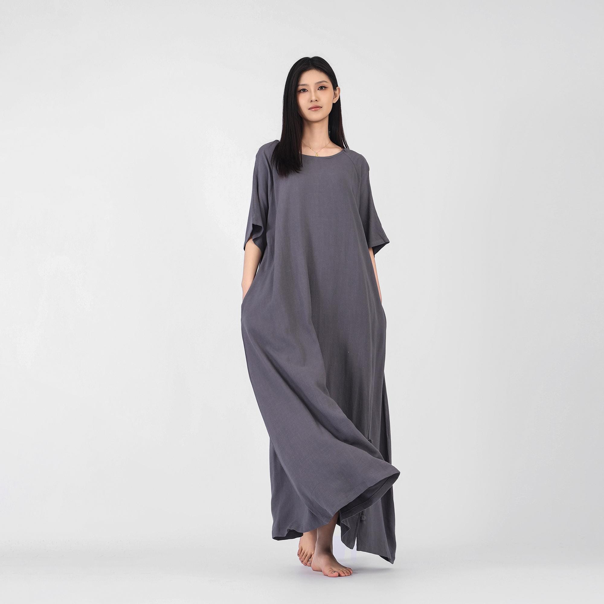Cotton Linen Long Loose Dress With Pockets Plus Size Boho Dress Maxi ...