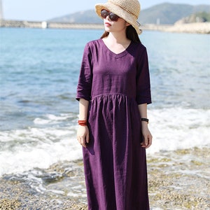 Linen Dresses for Women, Half Sleeves Linen Long Dress, Linen Maxi Dress, Casual Loose Summer Empire Waist Linen Robes Plus Size Dress F125