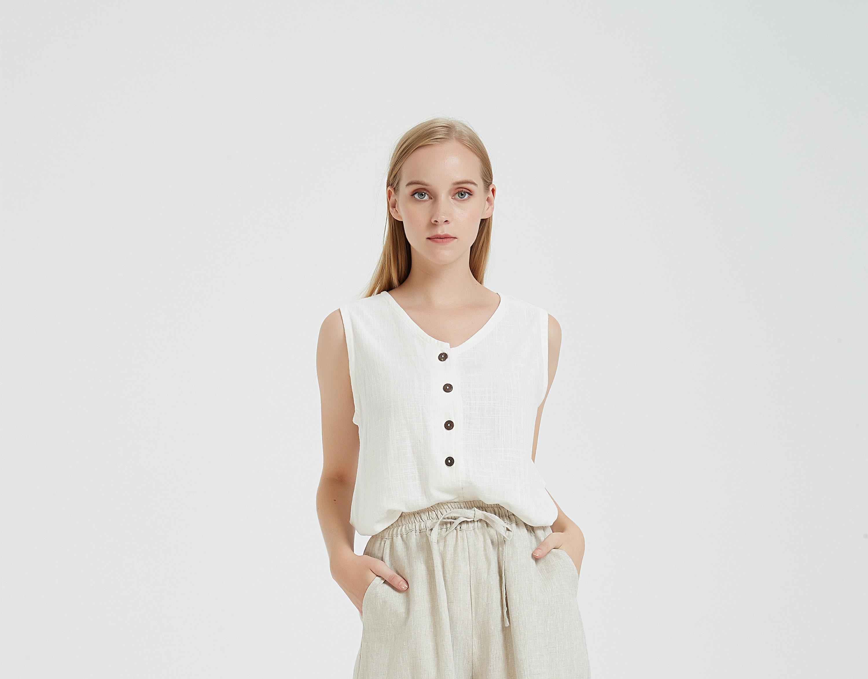 Women's linen cotton vest sleeveless vest linen blouse loose linen shirt oversized clothing plus size top summer vest for women B65D