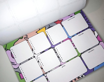 May include: A weekly planner notepad featuring a colorful, abstract background with various shapes and patterns. The page includes labeled sections for Monday through Sunday, plus designated areas for Professional, Personal, Birthdays, and Notes.