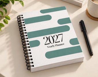 May include: A spiral-bound 2027 yearly planner with a white grid background and horizontal teal rounded bars. The cover features the text 2027 Yearly Planner in a black serif font. The planner has a black wire binding along the left side.