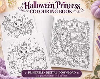 May include: A Halloween Princess Colouring Book featuring black and white line art illustrations of a bat, a cat in a pumpkin costume, and a princess with a cat near shelves of potions. The cover text reads Halloween Princess Colouring Book.