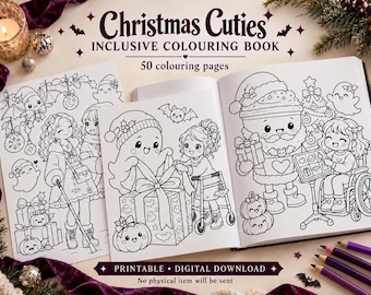 May include: A Christmas Cuties inclusive coloring book with 50 coloring pages featuring black and white line art of characters, ghosts, and holiday gifts. The open book displays illustrations of children with mobility aids and festive scenes.