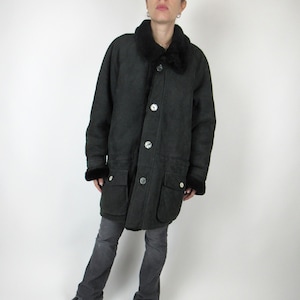 Green Shearling jacket real suede vintage 80s 90s - Size L