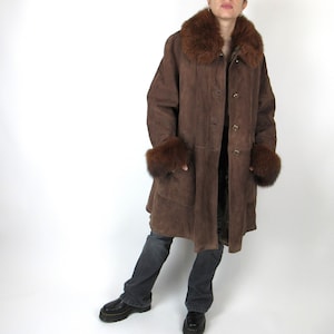Women&#39;s Shearling coat in real suede oversized vintage 80s 90s - Size M/L