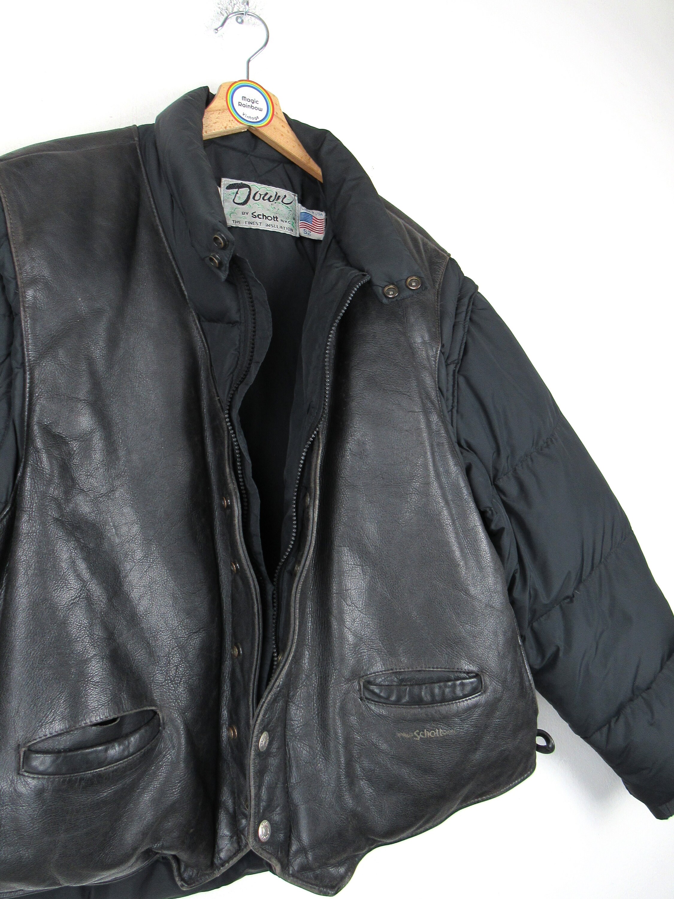 Vintage 80s Schott Down and Leather Vest Bomber Jacket Size XL