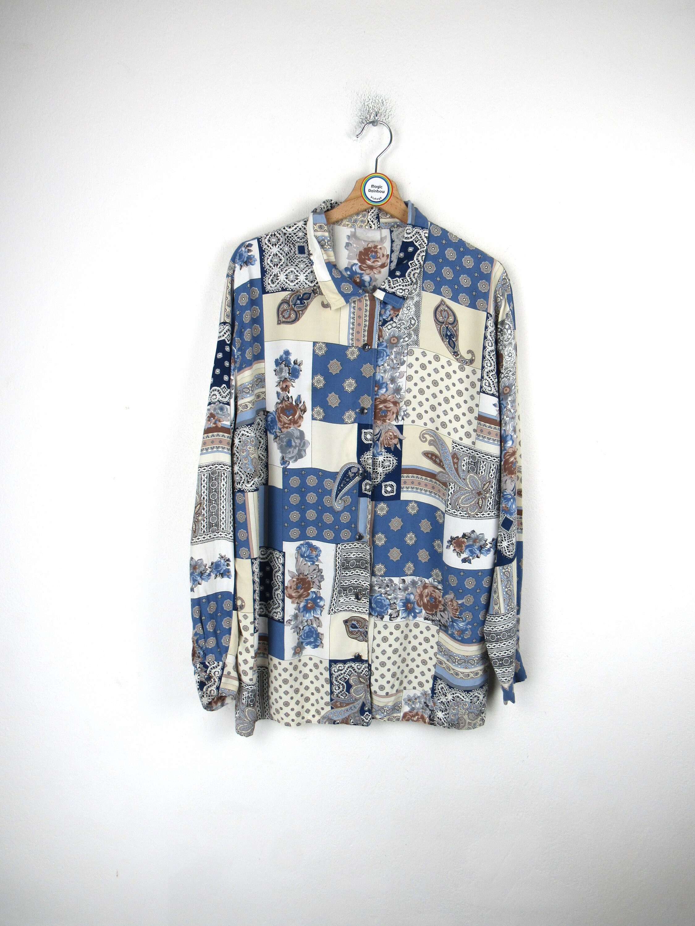 Vintage Women's Oversized Abstract Pattern Long Sleeve 90's Shirt - Size XL