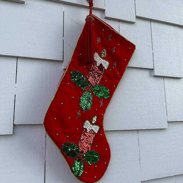 Vintage Handmade Sequin Christmas Stocking Approximately 18” Long