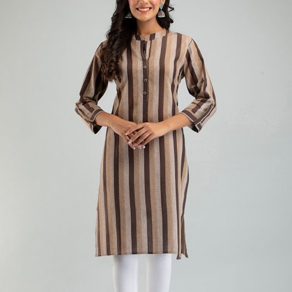 Women Plus Size Khadi Cotton Straight Stripe Kurti, Plus Size Indianwear, Khadi Cotton, Large Size kurta For Women Brown Color