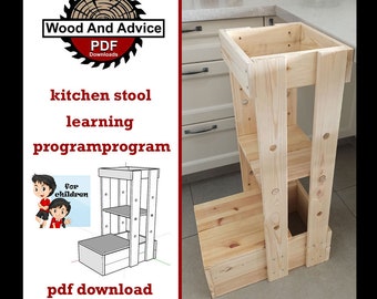 Puede incluir: Un taburete de madera con dos peldaños y un estante. El taburete está hecho de madera sin terminar y tiene un diseño sencillo. El taburete está etiquetado como "kitchen stool learning program program" y "pdf download".