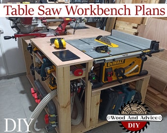 May include: A DIY table saw workbench with a yellow DeWalt table saw, a dust collection system, and a variety of tools and accessories. The workbench is made of wood and has a light wood finish. The text "DIY" is visible in the lower left corner of the image. The text "Wood And Advice" is visible in the lower right corner of the image.