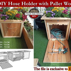 May include: DIY hose holder made from pallet wood. The holder is a planter box with a hinged lid that opens to reveal a compartment for storing a garden hose and tools. The dimensions are 27.95 inches long, 27.95 inches wide, and 28.74 inches high.