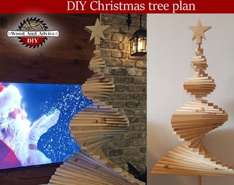 Puede incluir: Plan de árbol de Navidad DIY con dos diseños diferentes. Un diseño es un árbol en espiral hecho de listones de madera, el otro es un árbol de forma tradicional hecho de listones de madera. Ambos árboles tienen una estrella en la parte superior.