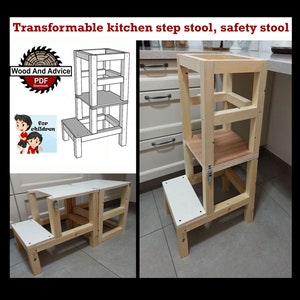 May include: A wooden step stool that can be transformed into a taller stool. The stool is made of natural wood and has a white top. The stool is shown in two different configurations, one with the top step extended and one with the top step folded down. The stool is designed for children and has a safety feature that prevents it from collapsing.