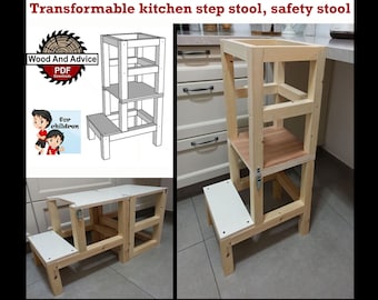 Puede incluir: Un taburete de paso de madera transformable en un taburete más alto. El taburete está hecho de madera natural y tiene una parte superior blanca. El taburete se muestra en dos configuraciones diferentes, una con el escalón superior extendido y otra con el escalón superior plegado. El taburete está diseñado para niños y tiene una función de seguridad que evita que se colapse.