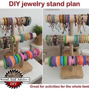 May include: DIY jewelry stand made of wood with three levels for displaying bracelets. The stand is decorated with a saw blade logo and the text "Wood And Advice DIY".