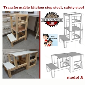 Op de afbeelding: Een houten opstapje met twee verschillende configuraties. De opstap kan worden gebruikt als een opstapje met één trede of als een opstapje met twee treden. De opstap is gemaakt van natuurlijk hout en heeft een witte bovenkant. De opstap is gemarkeerd met "model A".