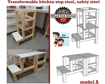 Transformable kitchen step stool, safety stool or kids step stool is adjustable kitchen chair or Montessori tower for toddler.