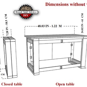 May include: Line drawing of a table with dimensions labelled in inches and centimetres. The table is shown in both closed and open positions. The text "Dimensions without wheels" is at the top of the image. The text "Wood And Advice DIY" is in the upper right corner of the image.