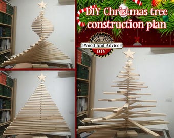 May include: DIY Christmas tree construction plan from Wood And Advice DIY. The image shows three different sizes of wooden Christmas trees made from wooden slats.