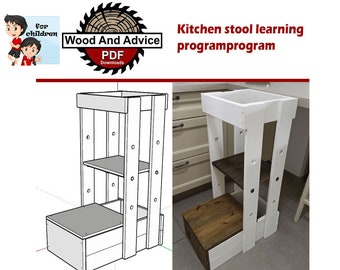 Puede incluir: Una torre de aprendizaje de madera blanca con dos estantes y un escalón. La torre está diseñada para ayudar a los niños a alcanzar superficies más altas en la cocina. La torre se muestra en un dibujo 3D y una foto de la vida real.