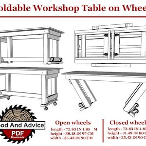 May include: Line drawing of a foldable workshop table on wheels. The table is shown in both the open and closed positions. The table is 72.83 inches long, 38.18 inches high, and 35.43 inches wide when open. When closed, the table is 72.83 inches long, 31.49 inches high, and 35.43 inches wide.