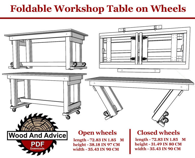 May include: Line drawing of a foldable workshop table on wheels. The table is shown in both the open and closed positions. The table is 72.83 inches long, 38.18 inches high, and 35.43 inches wide when open. When closed, the table is 72.83 inches long, 31.49 inches high, and 35.43 inches wide.