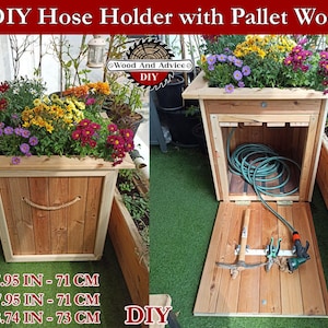 Puede incluir: Porta-mangueras DIY hecho de madera de palet. El soporte tiene una jardinera en la parte superior y un compartimento debajo para guardar una manguera de jardín y herramientas. Las dimensiones son 71 cm de ancho, 71 cm de profundidad y 73 cm de alto.