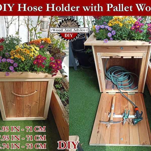 DIY Hose Holder with Pallet Wood Planter,Build a unique DIY file, a garden planter, a DIY plan for a garden planter for an irrigation pipe,