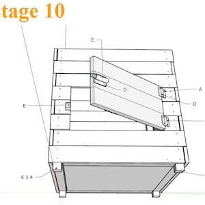 May include: A line drawing of a wooden box with a hinged door. The door is open and labeled "D". The box is labeled "A" and "E". The text "stage 10" is at the top of the image.