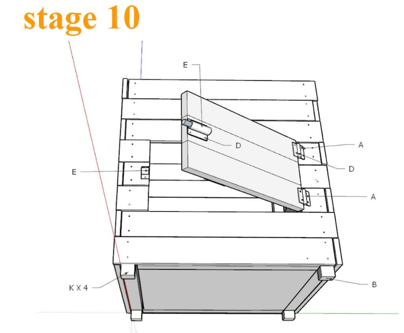 May include: A line drawing of a wooden box with a hinged door. The door is open and labeled "D". The box is labeled "A" and "E". The text "stage 10" is at the top of the image.