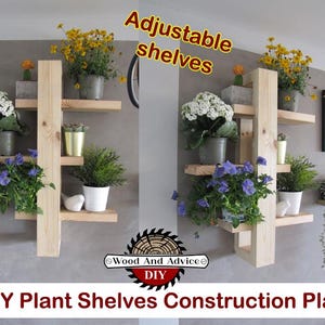 May include: DIY plant shelves construction plan with adjustable shelves. The shelves are made of wood and are mounted on a gray wall. The shelves are decorated with plants in pots.